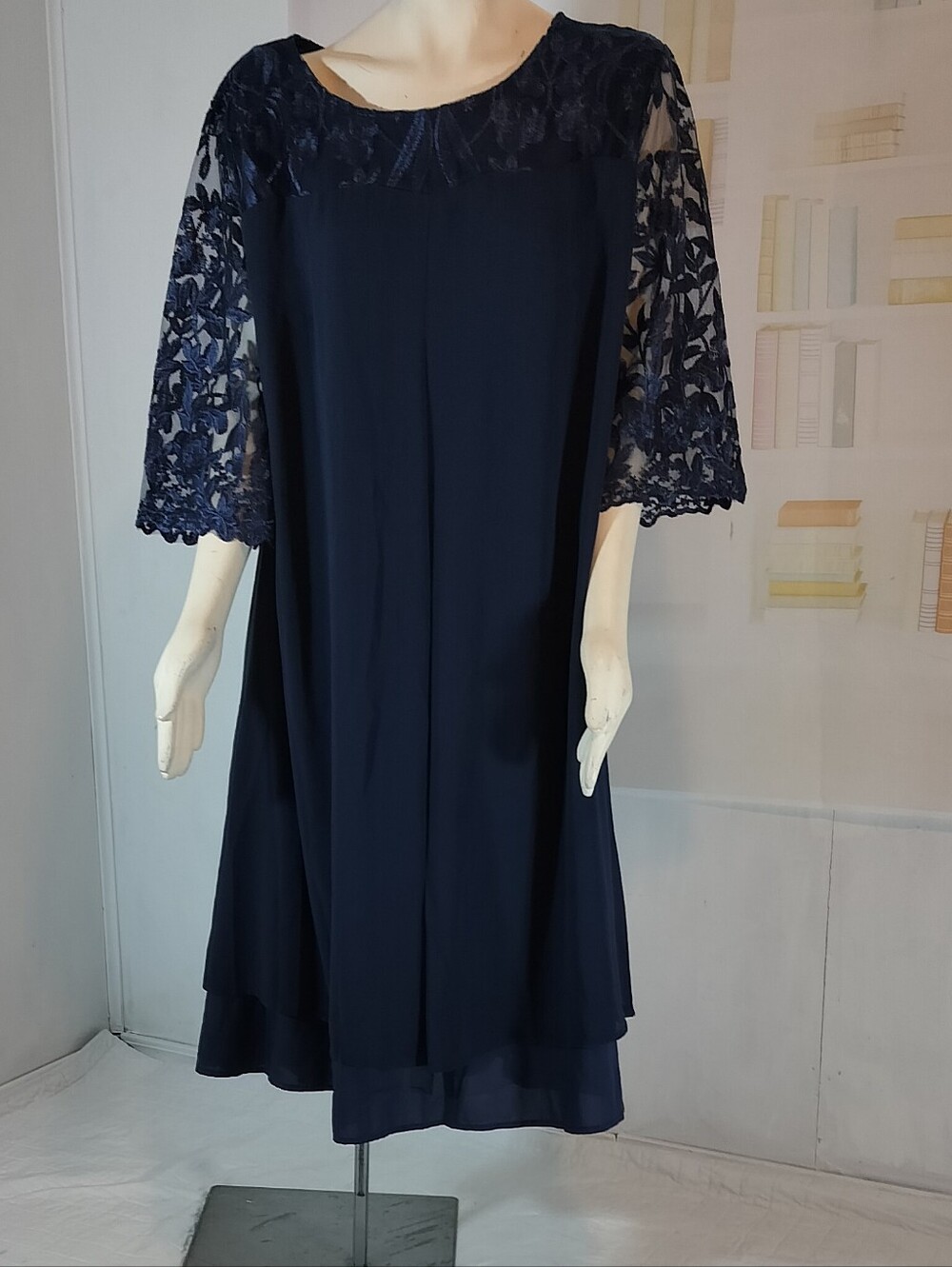 & Other Stories Navy Lace-Sleeve Midi Dress